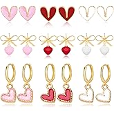 QLYOVWE 9 Pairs Heart Drop Earrings Set for Women Dainty Bow 14K Gold Plated Bow Heart Dangle Earrings Minimalist Pink Red White Valentine's Day Themed Jewelry Gifts