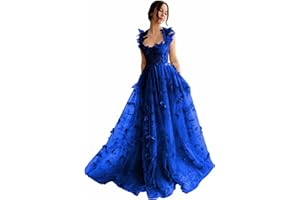 QFMYYXGS 3D Butterfly Tulle Prom Dresses for Women 2025 Long Lace Applique Ball Gown Formal Evening Party Gown with Slit