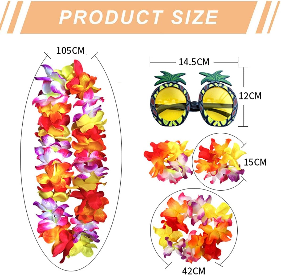 HBell 10 Pieces Hawaiian Leis Pineapple Sunglasses Set,Hawaiian Fancy Dress Hawaiian Garland Necklace Headbands and Wristbands,for Hawaiian Themed Party Summer Beach Tropical Party Decorations - Image 3