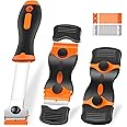 NECAMOCU 3 Pack Razor Blade Scraper, Premium Cleaning Scraper Tool with 60 PCS Metal & Plastic Razor Blades, Multi-Purpose Glass Scraper for Windows, Sticker, Decals, Cooktop, Paint Removal (Orange)