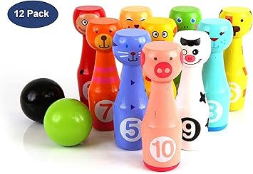 Amazon かわいい屋内屋外キッズボウリング友達プレイセット10の木製ピンと2つのボール 4 8インチ の子供のための動物のボウリングゲームセット Adusa ボウリング