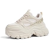 LUCKY STEP Women's Rhinestone Chunky Sneakers Breathable Lace-Up Platform Walking Sneakers Fashion Casual Dad Shoes