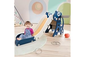 Babytronic Toddler Slide, Kids Indoor Outdoor Playset with Basketball Hoop & Ring Toss, Foldable Baby Plastic Climber for Kids Age 1-3 (Blue&Yellow)