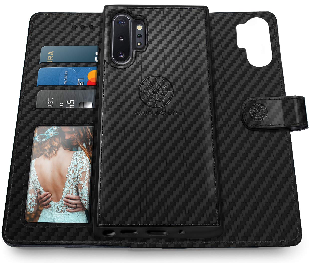 Shields Up for Galaxy Note 10 Plus Wallet Case, [Detachable] Magnetic Wallet Case, Durable Carbon Fiber Case with Card Slots & Wrist Strap, [Vegan Leather] Cover for Samsung Galaxy Note 10 Plus - TXW