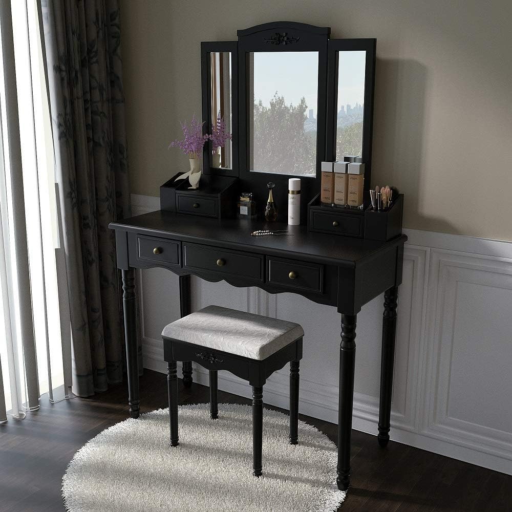 Vanity Stool Set, Make Up Table with 5 Drawers,Tri-Folding 3 Mirrors, Cushioned Stool Easy Assemble Black