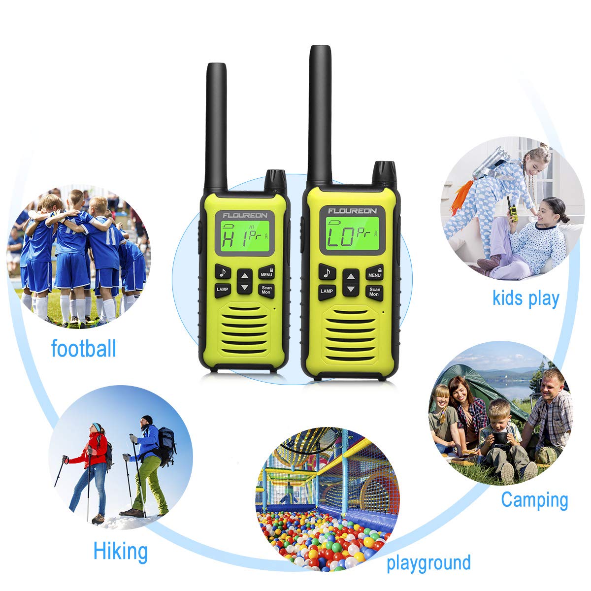 FLOUREON Walkie Talkies Toy Radio de 2 vías para Niños con 16 Canales de Larga Distancia, Interfono de Botones para el Hogar/Supermercado (1 Par, Verde Amarillo)