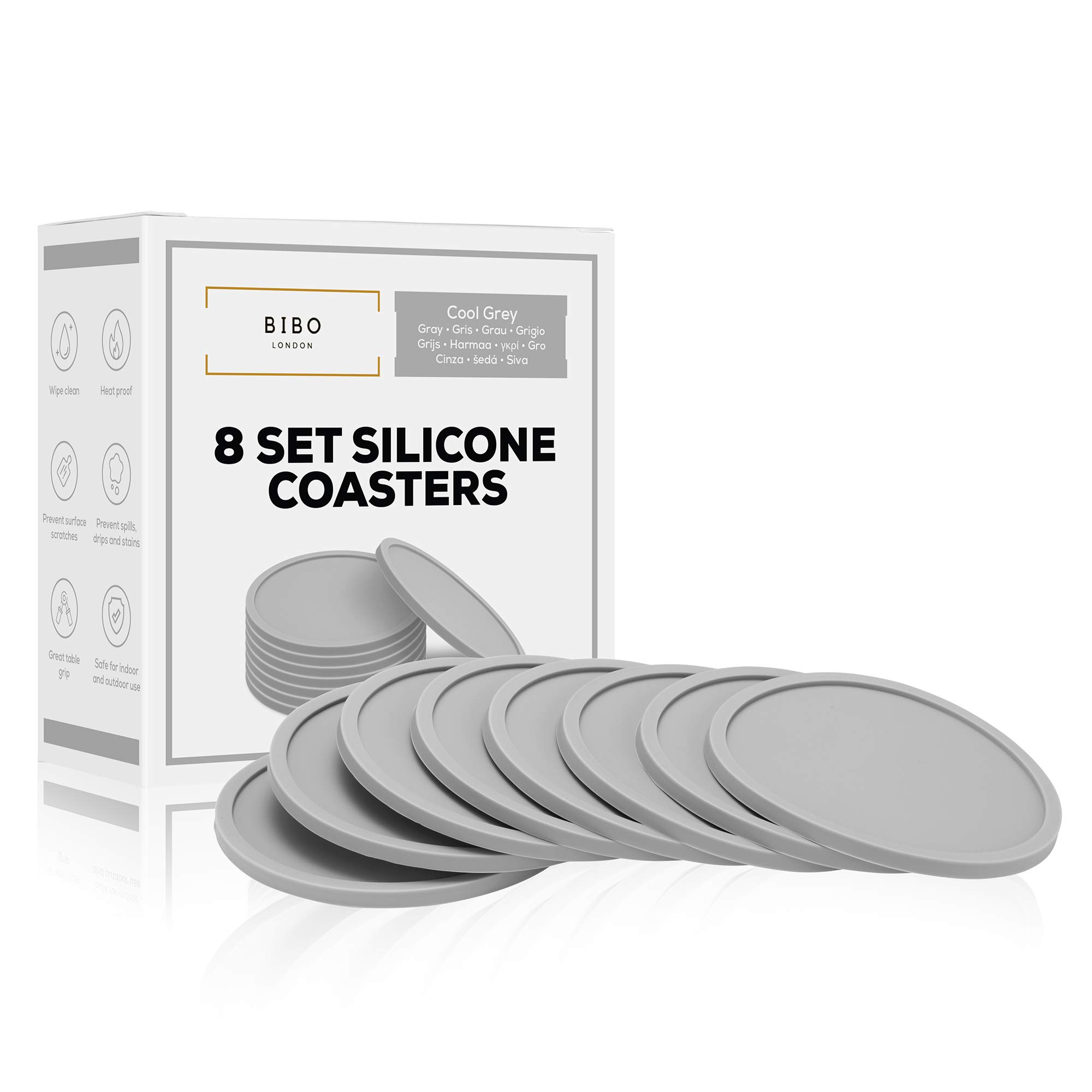 Set of 8 Cool Grey Drink Coasters by BIBO London™. Heatproof Drinks Mats - Protecting All Table Surfaces Including Wood, Glass, Marble, Stone