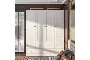 ECACAD Large Wardrobe Armoire with Multi-Tier Shelves, 5 Drawers, Hanging Rod & 4 Louver Doors, Wooden Closet Storage Cabinet for Bedroom, White (59.06”W x 19.06”D x 70.47”H)