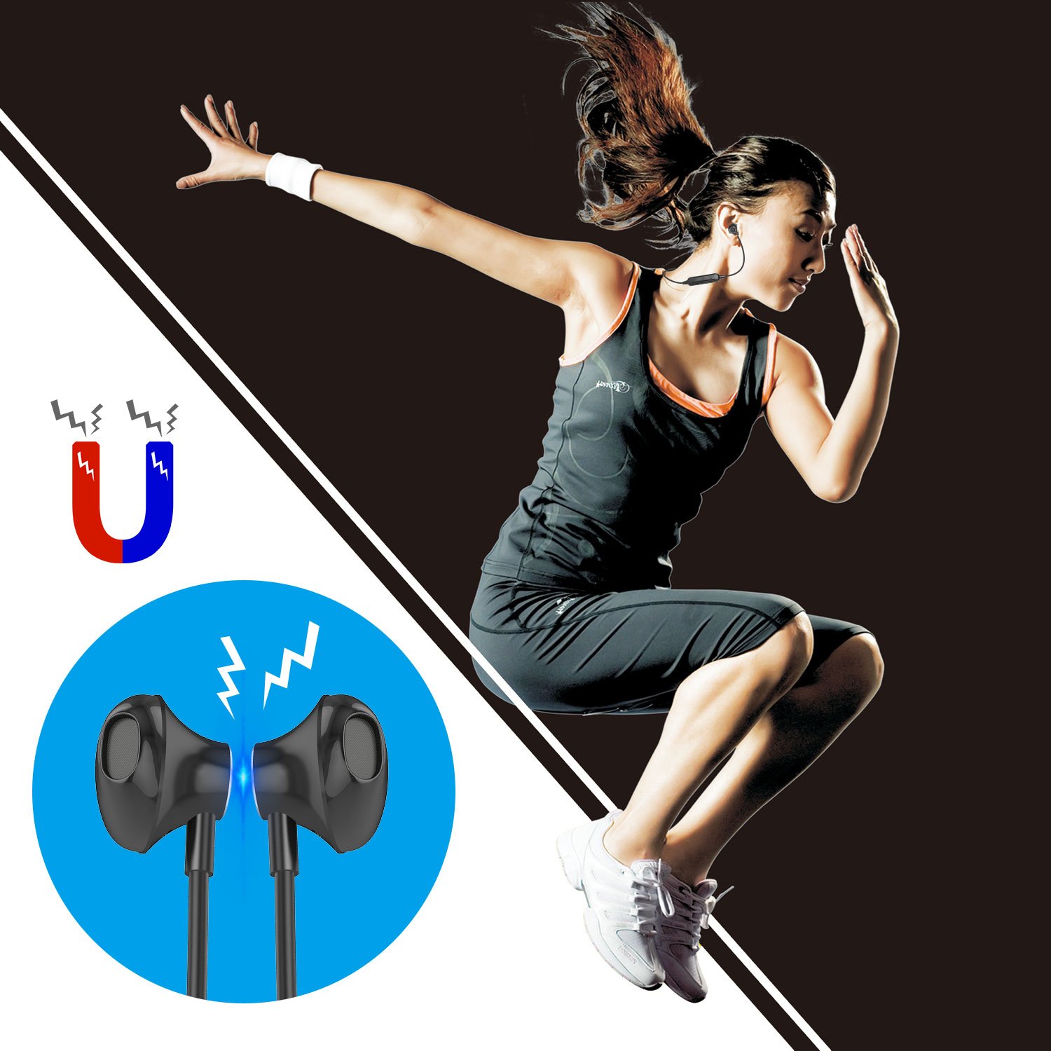 Ecouteur Bluetooth V4.1, Oreillette sans Fil Stéréo avec Microphone Casque Magnétique Anti Transpiration pour Running Jogging Yoga (Noir-W2)