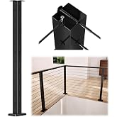 Muzata 36" Black Cable Railing Corner Post Surface Mount PS02 B34S | One-Post Corner Solution for Indoor &amp; Outdoor Use, 36"&times;2"&times;2" T-drilled, T304 Stainless Steel, Easy DIY with Paper User Guide