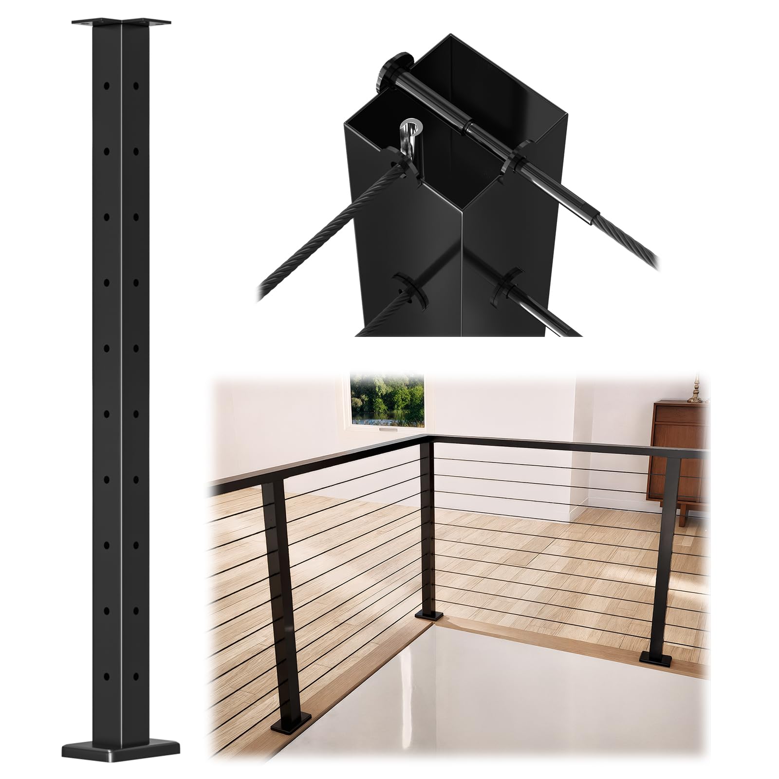 Photo 1 of Muzata Black Corner Cable Railing Post 36 Inch 36"x2"x2" T-drilled One-Post Corner Solution Surface Mount Stainless Steel Cable Railing System Kit Indoor Outdoor with Paper User Guide PS02 B34S