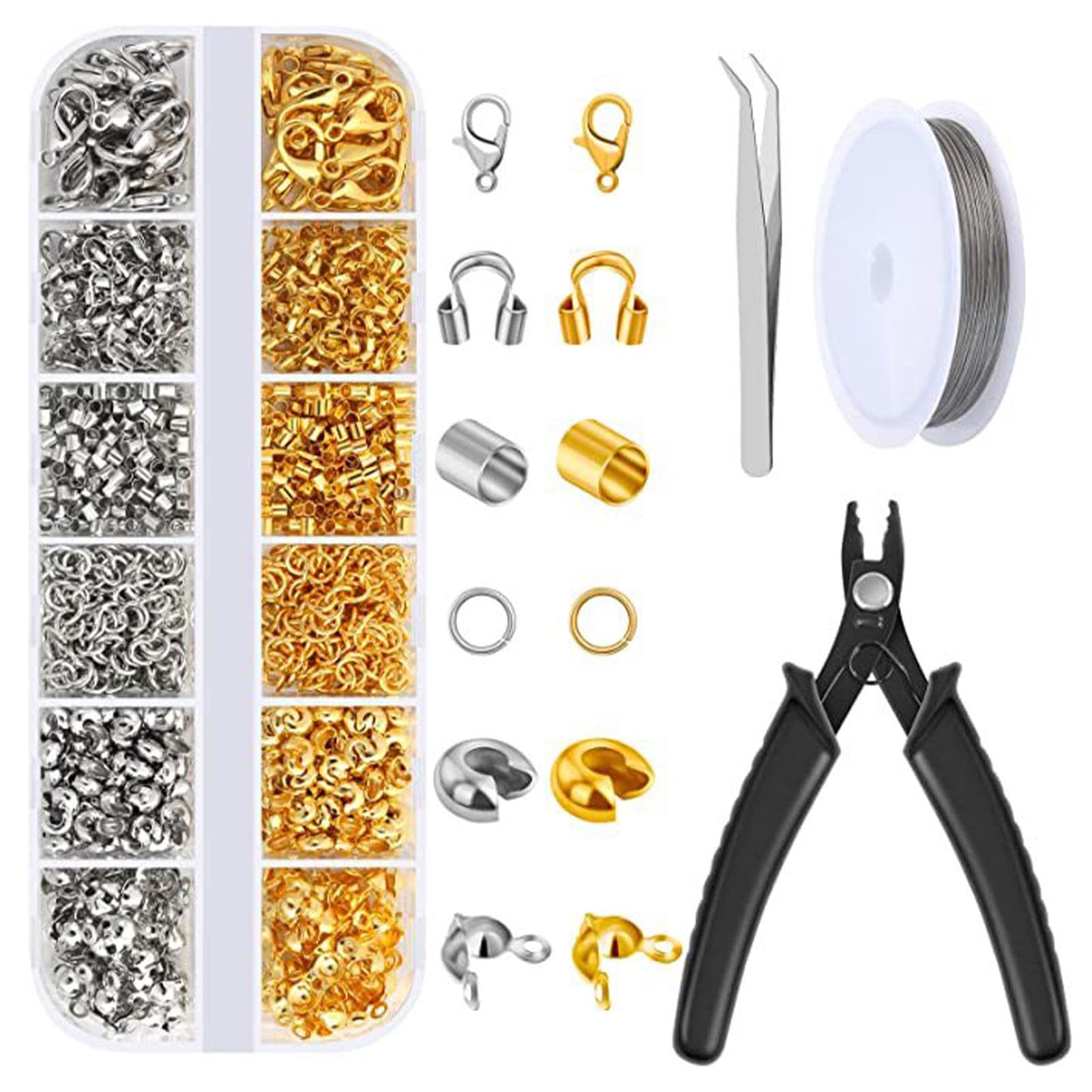 FralnFit 1200 Pcs Crimp Beads Set, Brass Crimp Tube Bead, Lobster Clasps, Jump Rings, Crimp Ends, Open Mouth Beads, Beading Thread, Crimping Plier & Tweezer for DIY Jewelry Bracelet Necklace Making