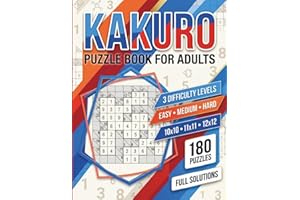 Kakuro Puzzle Book for Adults: 180 Kakuro Puzzles with Easy Medium and Hard Levels, 10x10 11x11 12x12 Grids, 2 Puzzles per Pa