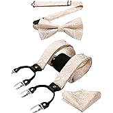 HISDERN Suspenders for Men Paisley Floral Bow tie Suspender Pocket Square Sets Adjustable Y Shape 6 Clips Wedding Braces