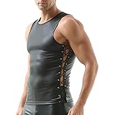 QiaTi Mens Leather Tank Top Lace Up Leather Sleeveless Shirt Round Neck Faux Leather Vest Undershirts for Rave