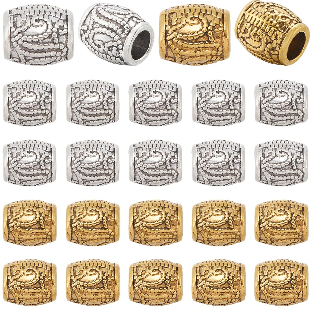 SOFPLATE 1 Box 100Pcs Large Hole Column Beads Silver Metal Barrel Bead Bulk Tibetan Alloy Antique Gold European Rondelle Loose Charms Spacer Beads for Bracelets Chains jewellery Making Accessories