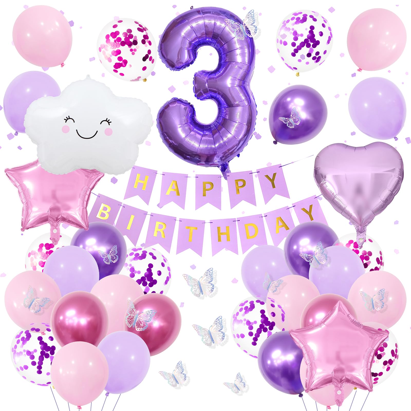 Pink Purple 3rd Birthday Decorations for Girls, Butterfly Party Supplies with Number 3 Balloons, White Cloud, Star and Heart Foil Balloon, Birthday Banner for Women Birthday Decor