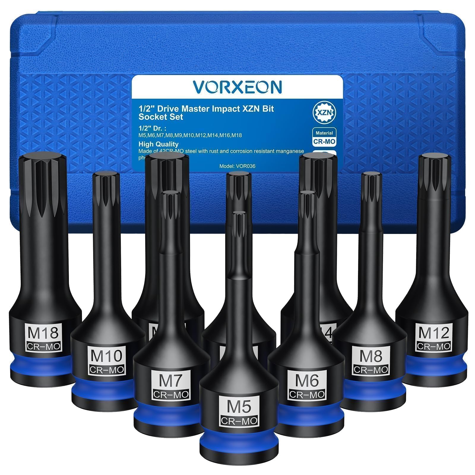 VORXEON 10Pcs 1/2" Drive Impact XZN Bit Socket Set 42CRMO 1/2" Drive Impact Triple Square Spline Bit Socket Set M5 M6 M7 M8 M9 M10 M12 M14 M16 M18 with Storage Case