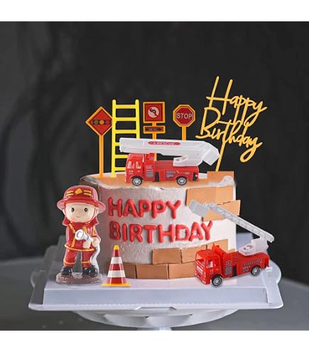 "Fire Truck 5th Birthday" Cake Topper - Red Glitter, Firefighter Theme Decoration For Boy's Party - View #5