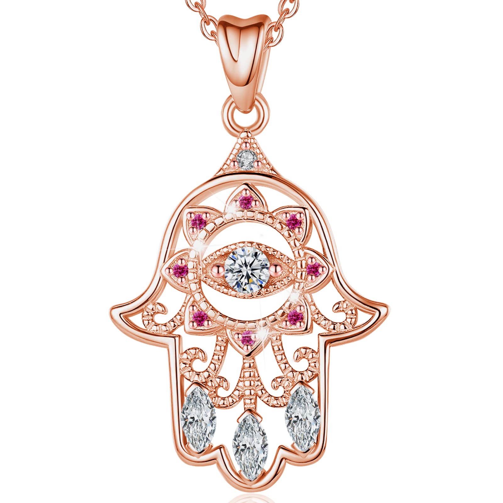 EUDORA 925 Sterling Silver Evil Eye Hamsa Hand Fatima Good Luck Clear CZ Vintage Pendant Necklace, 18" Chain (Rose Gold)