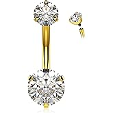 14K Gold Plated Belly Button Ring Internally Threaded 316LVM Surgical Steel with AAAAA-Grade Cubic Zirconia - 14g Stainless Steel Gold Belly Button Rings For Women - Cute Sexy Womens Simple Bellybutton Navel Piercing Jewelry (10mm)
