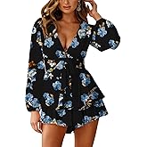 Relipop Womens Floral Print Romper V Neck Long Sleeve Double Layer Ruffle Hem Shorts Jumpsuit 2026 Beach Vacation Outfits