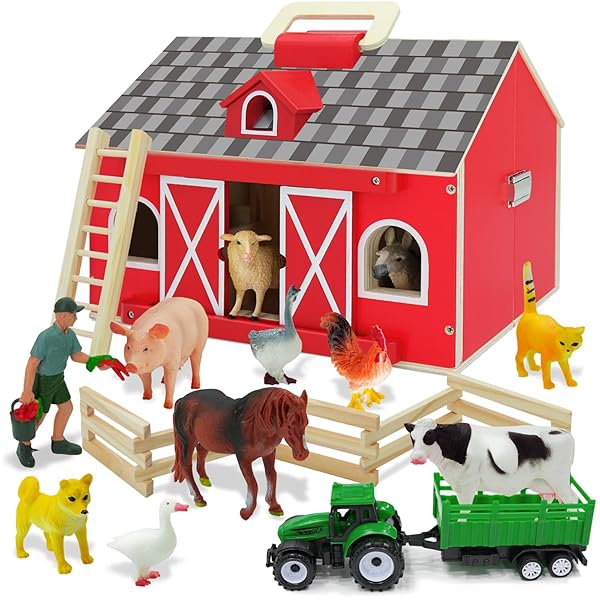 SIMPLIPLAY FARM ANIMAL TOYS WITH PORTABLE LARGE WOODEN...