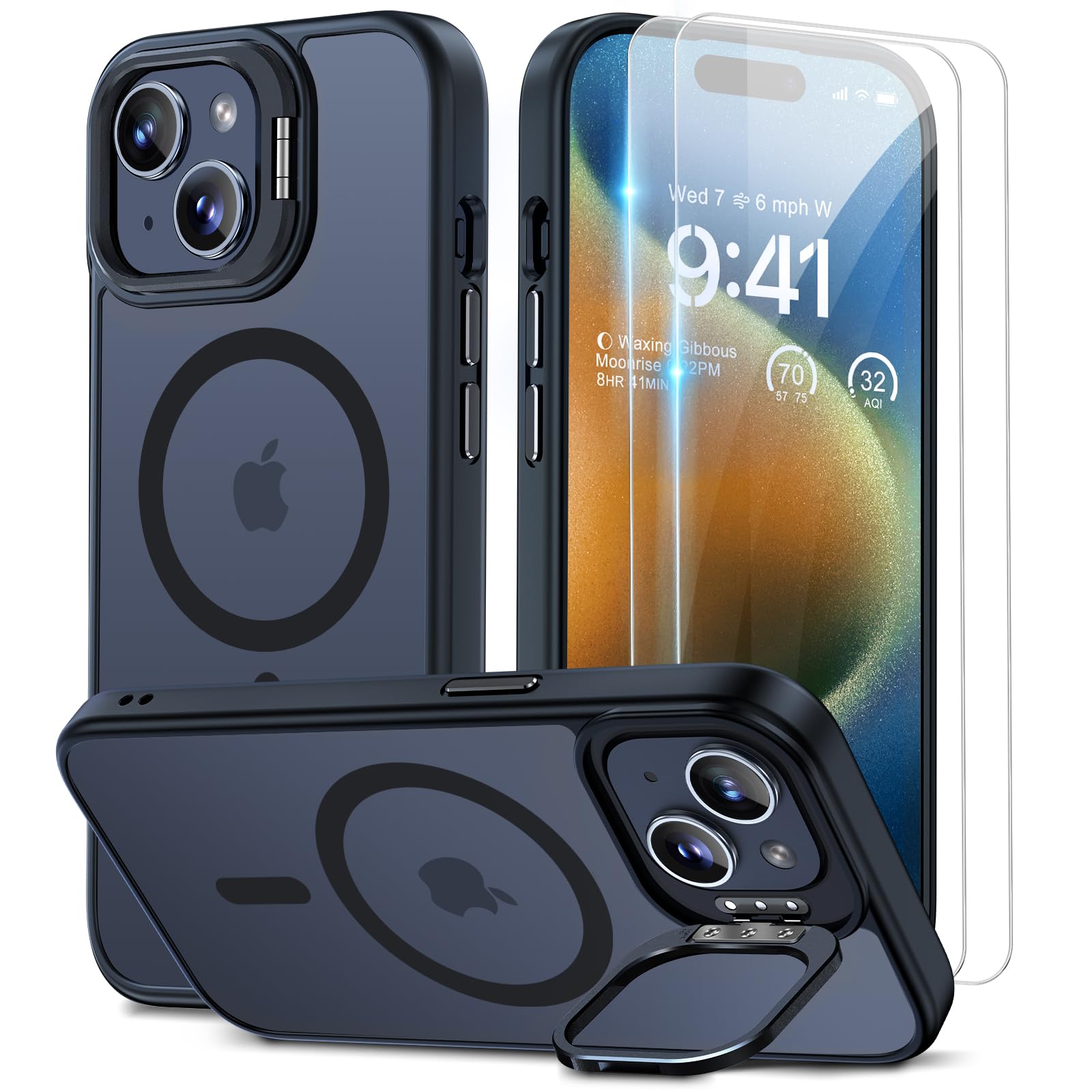 Beeasy for iPhone 15 Case MagSafe Phone Case with 2 Screen Protectors and Stand, Military Shockproof Protective Slim Cover, Case for iPhone 15 6.1 Inch, Translucent Black — image 1