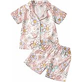 Multitrust Baby Girls Silk Pajamas Set Daisy Floral Girl Short Sleeve Button Down Shirts and Shorts Matching Pj Lounge Set