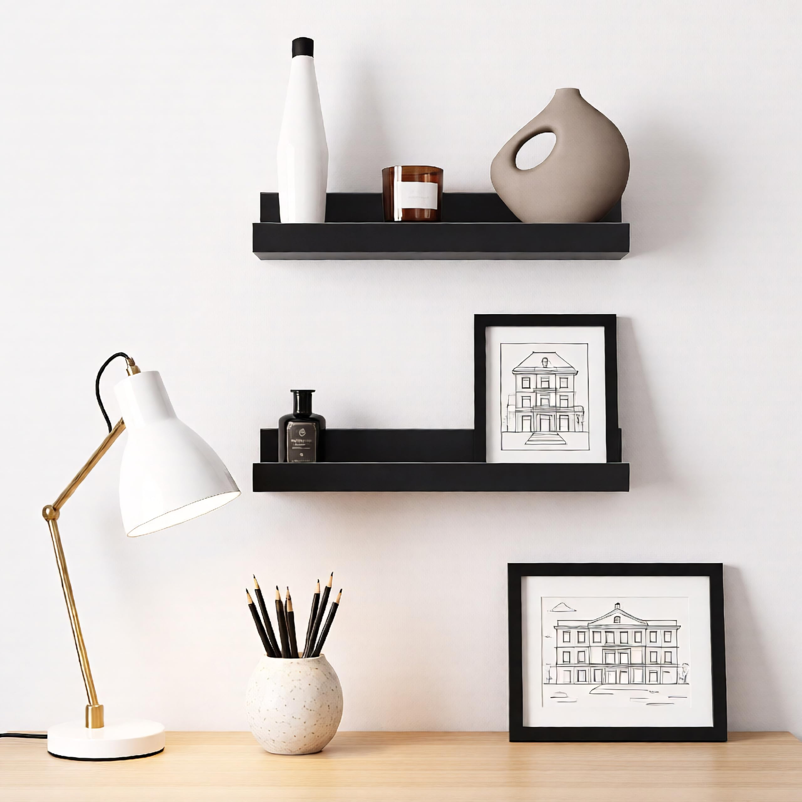 GEEZY Black Floating Shelves for Wall, Set of 2 - Modern Seamless Mounting, Easy Install Picture Ledge Display Shelf for Decor, Collectibles - Home, Bedroom, Bathroom, Office, 30x10x5cm