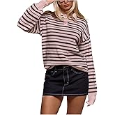 RoseSeek Women's Striped Lightweight Golf Sweaters Long Sleeve Collared Button Loose Fit Pullover Tops