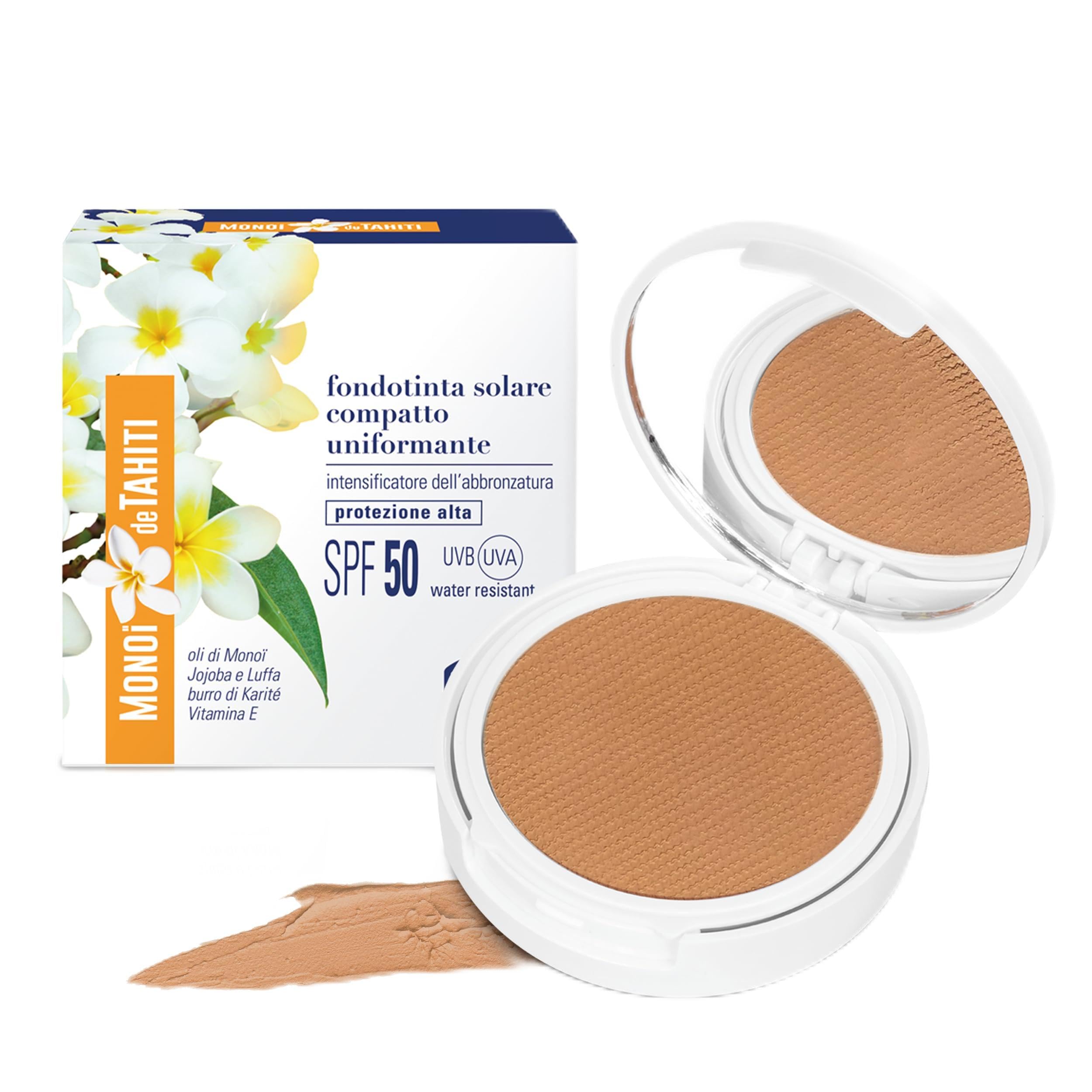 Helan Monoï de Tahiti - Tan Intensifying Compact Foundation, Sun Protection 50+ Face Covering Foundation with Vitamin E Shea Butter Jojoba Oil, 2in1 Face Make Up Skincare, 8 ml