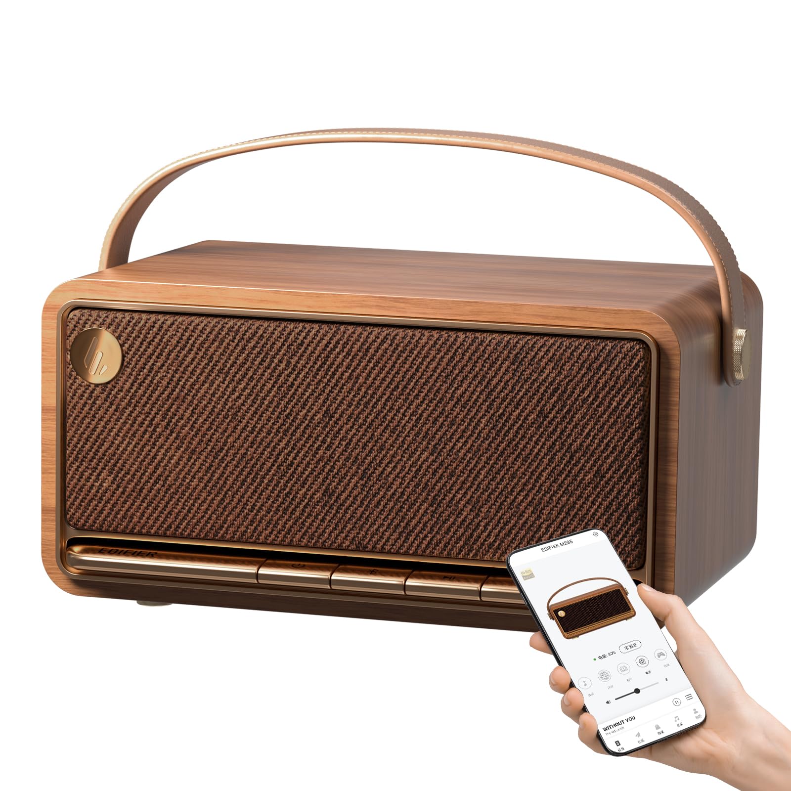 Photo 1 of Edifier Retro Wood Bluetooth Speaker, Wireless Portable Speakers with 40W Hi-Res Audio, Stereo Pairing ConneX App, USB and TF Card Brown