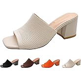 OXNEUHG Women's Knit Peep Toe Chunky Heeled Sandals Fashion Square Open Toe Slip On Block Heel Mules Summer Casual Breathable Slides Sandal