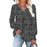 onlypuff V Neck Tops for Women Long Sleeve Shirts Loose Fit Tunic Top Cute Ladies Blouse Fall Fashion Tops