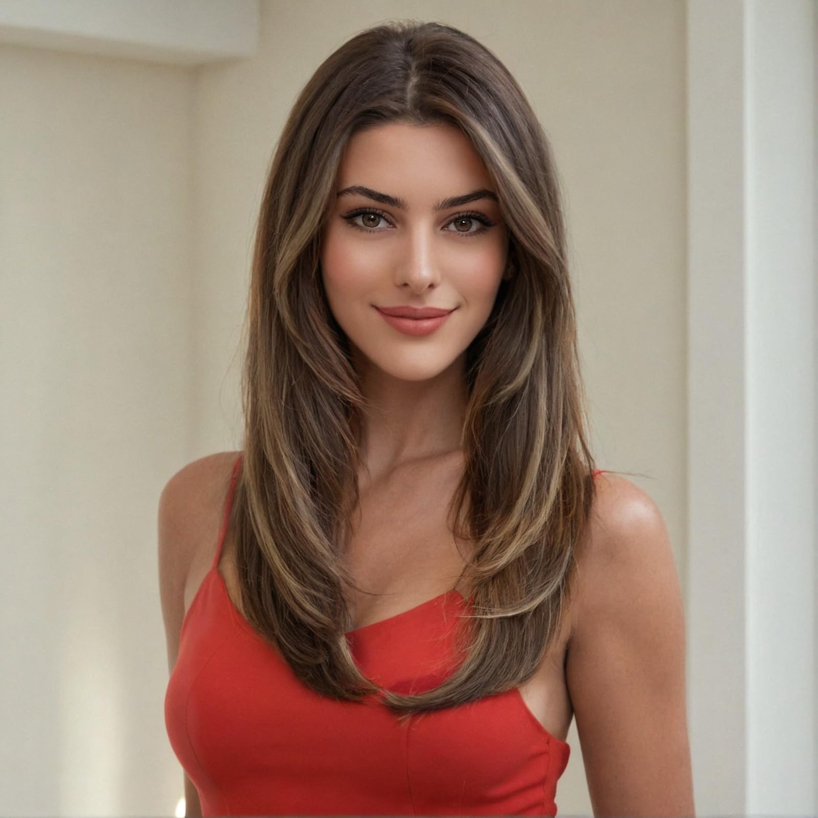 WOKESTAR Long Straight Wigs for Women with Curtain Fringe, Layered Synthetic Color Hair (Ash Brown with Highlights) — image 1
