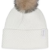 Calvin Klein Womens Diagonal Rib Winter Beanie with Faux Fur Pom
