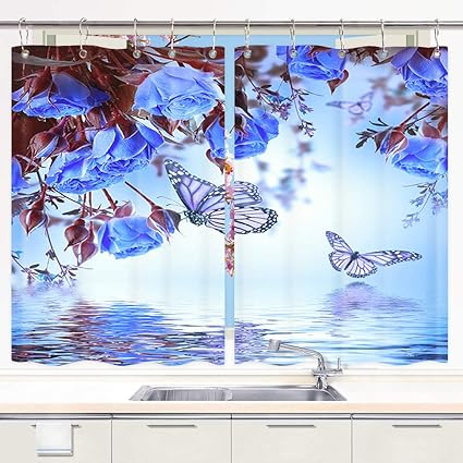 Amazon Com Butterfly Flower Kitchen Curtains Spring Blue Roses