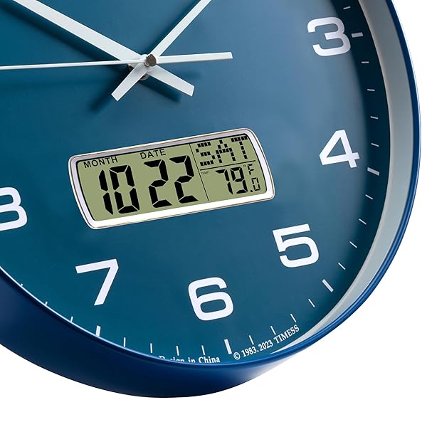 TIMESS WALL CLOCK, 14″ LARGE DIAL NON-TICKING SILENT BATTERY OPERATED ANALOG WITH LCD DISPLAY FOR PERPETUAL CALENDAR AND F° TEMPERATURE, IDEAL MODERN HOME, BEDROOM, KITCHEN, OFFICE DECOR (BLUE)