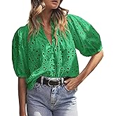 chouyatou Women's Puff Sleeve V-Neck Eyelet Lace Summer Tops Blouses Crochet Short Sleeve Cotton T-Shirts