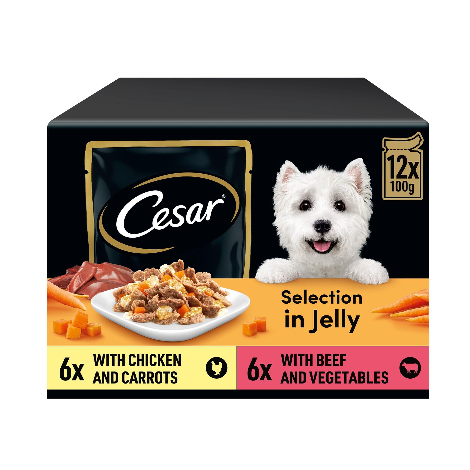 CESAR Pouch Selection in Jelly, Fresh Adult Wet Dog Food Pouches in Delicious Jelly with Succulent Meats and Vegetables, 48 x 100 g