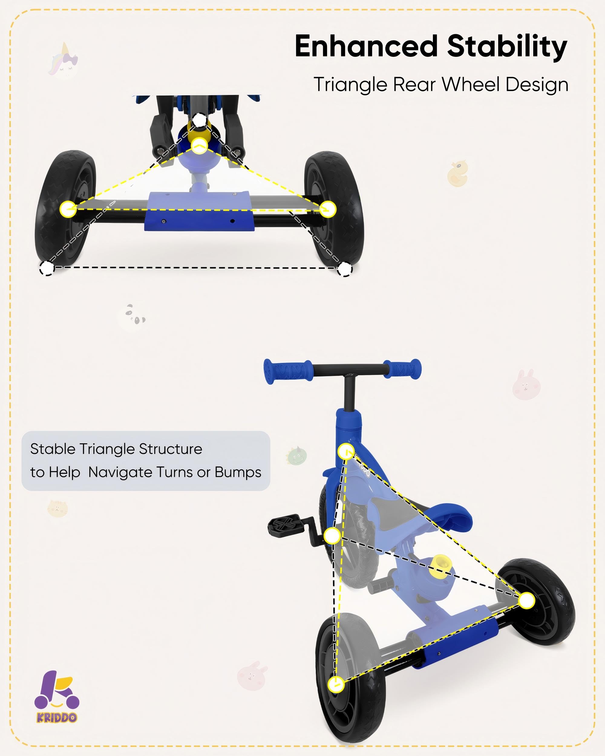KRIDDO 4-in-1 Kids Tricycle for 1.5 to 3 Yea Old with Parent Steering Push Handle, 12 Inch Front Wheel Trike, Toddler Balance Bike for Boys Girls 18 Months to 3 Years, Adjustable Height, Blue