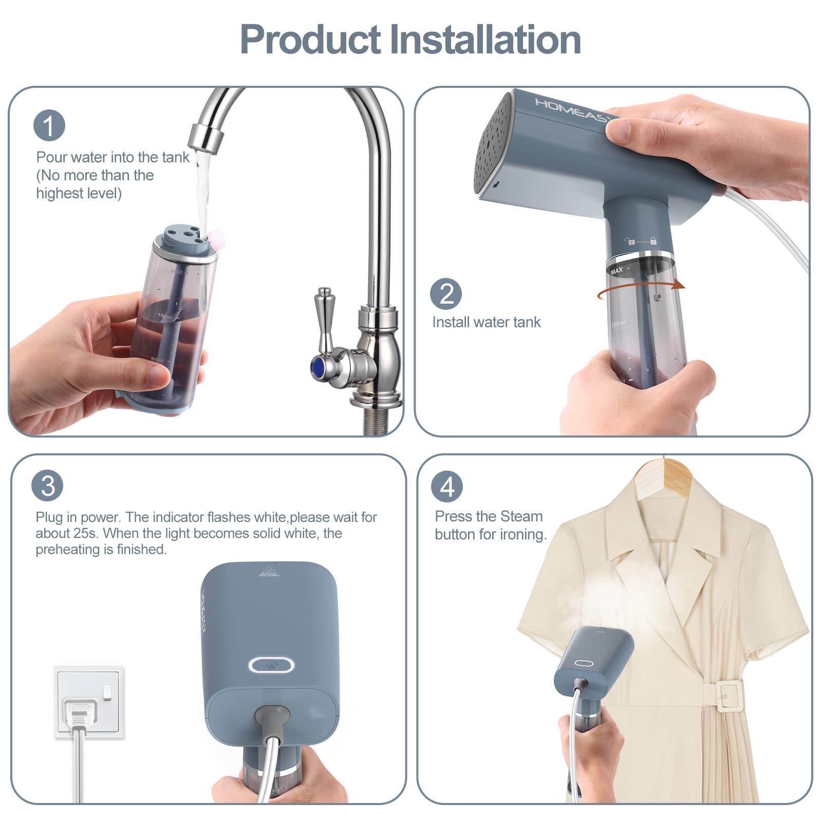 Clothes Steamer Travel, HOMEASY Handheld Steamer for Clothes Garment Steamer Portable Iron Clothes Steamer Fabric Wrinkle Remover with Fast 25s Heat-up Detachable Water Tank, Blue