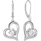 JIWOY Women Heart Earrings 925 Sterling Silver Love Heart Dangle Drop Earrings Round Birthstone Jewelry