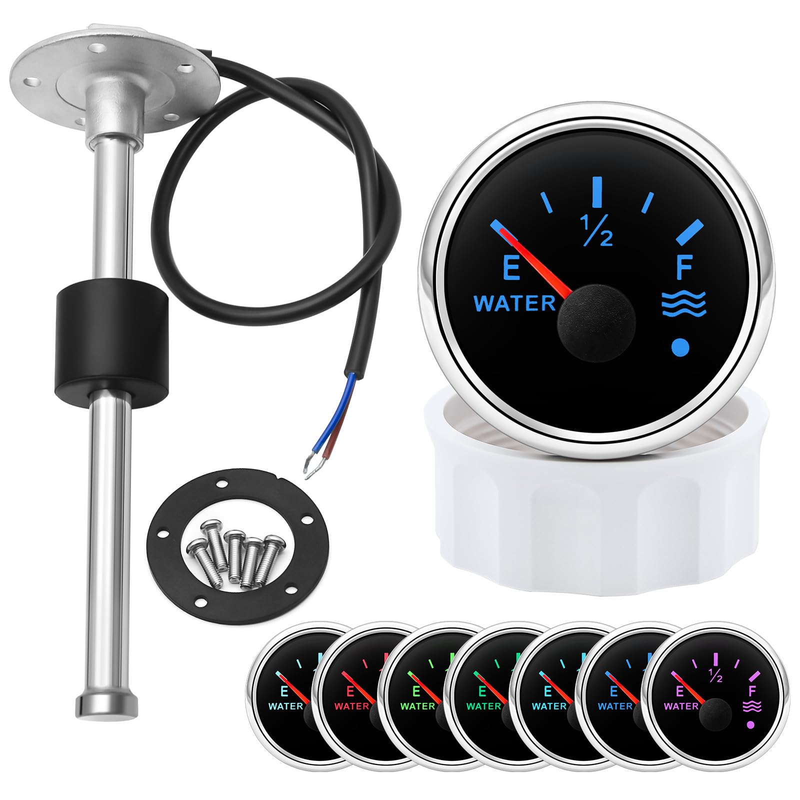 Marine Sailboat 52mm (2'') Water Level Tank Gauge with 7 Colors Backlights 12V 24V with 175mm Water/Fuel Level Sending Unit Sender Sensor