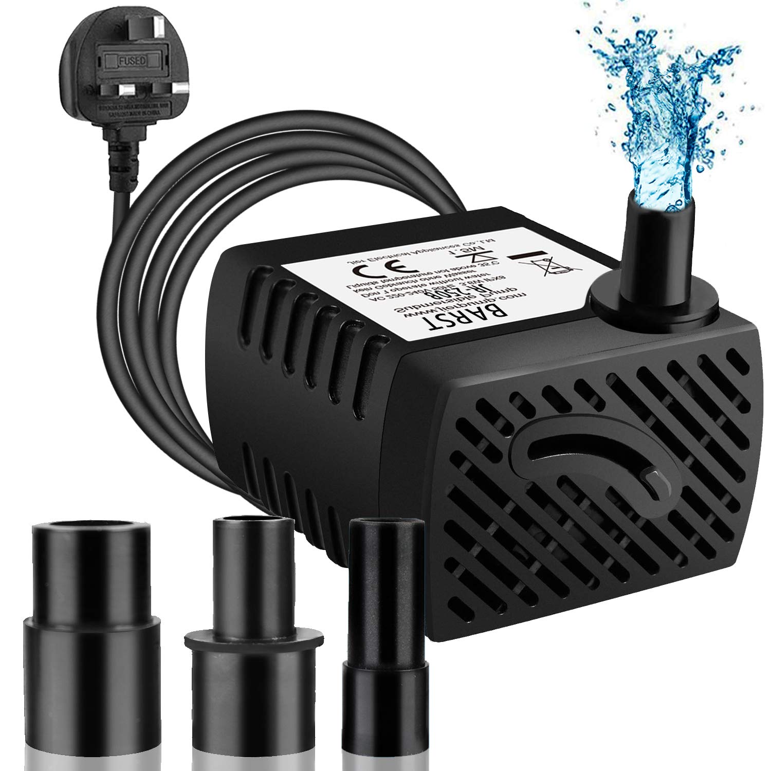 BARST 250L/H Submersible Water Pump Aquarium (3.6W), Mini Electric Ultra Quiet Pump for Fountains, Pool, Fish Tank, Pond, Hydroponics, Statuary with 4 Srtong Suction Cups,3 Nozzles.