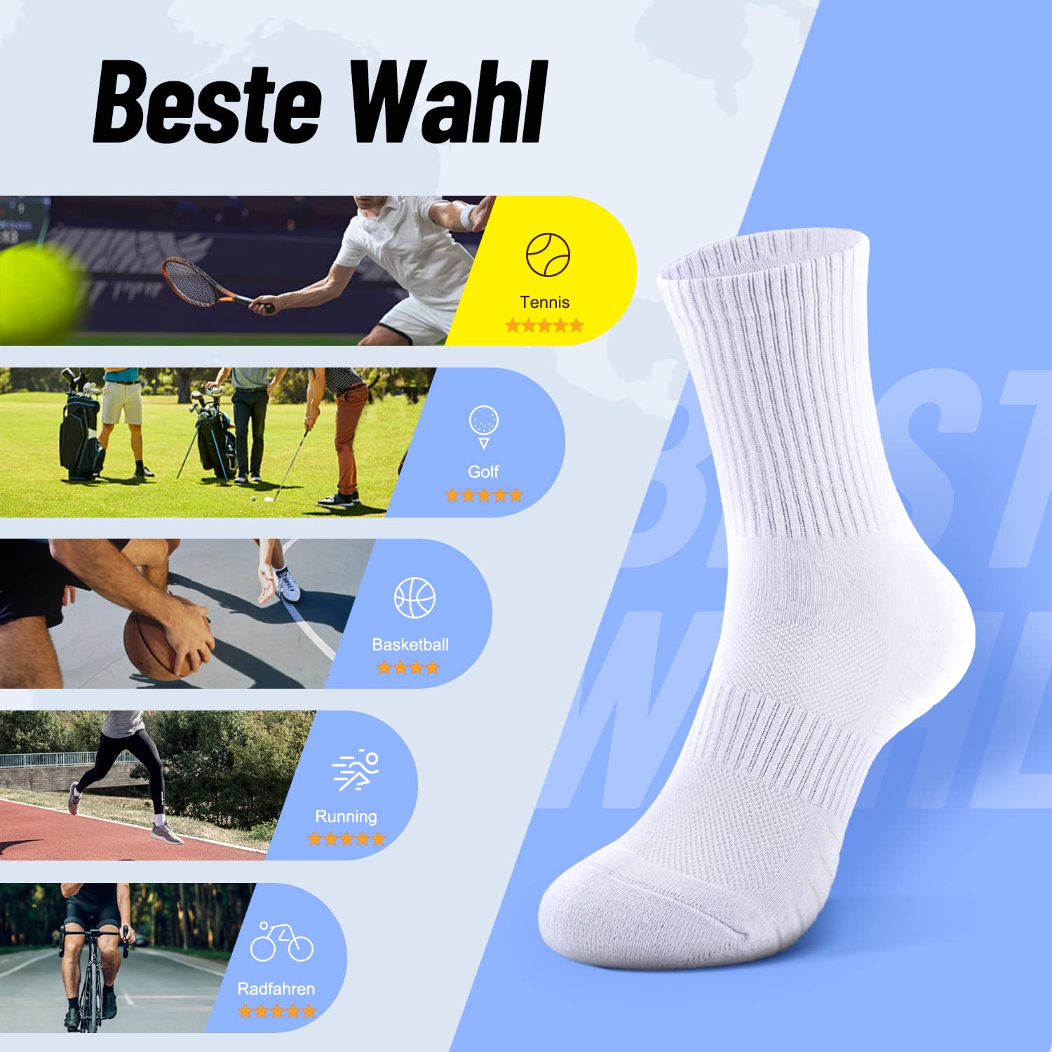 TUUHAW Socken Damen 39-42 Tennissocken Damen 6 Paar Sportsocken Herren Activewear Crew-Socken für Damen Baumwollsocken Laufsocken Wandersocken Atmungaktive Strümpfe,Weiß 39-42 6