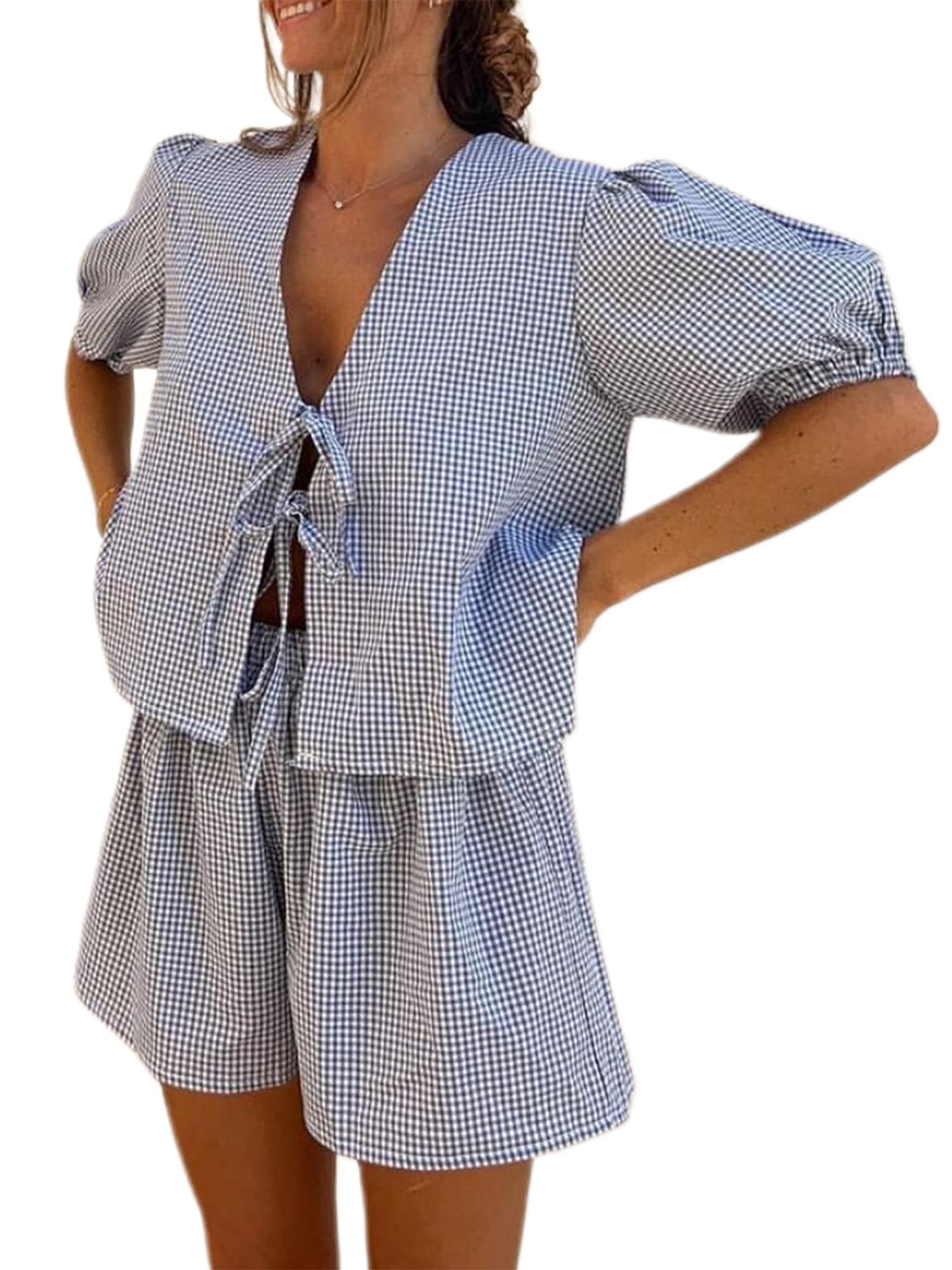 Miolasay Women 2 Piece Pajamas Set Tie-up Front Short Sleeve Tops Low Waist Shorts Suit Striped Shorts Outfits Streetwear (B-Dark Blue, M)