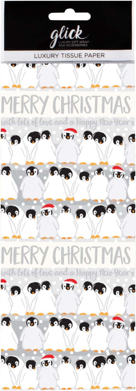 PENGUINS 'Merry Christmas' penguins in Santa hats Printed Patterned Tissue Wrapping Paper by Glick luxury 4 sheets 50 x 75cm