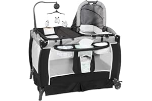 Kinder King 5 in 1 Portable Nursery Center, Foldable Playard for Baby & Toddler, Infant Pack n Play w/Bassinet, Mattress, Newborn Changing Table, Cradle, Travel Bag, Music & Toys, Storage Basket